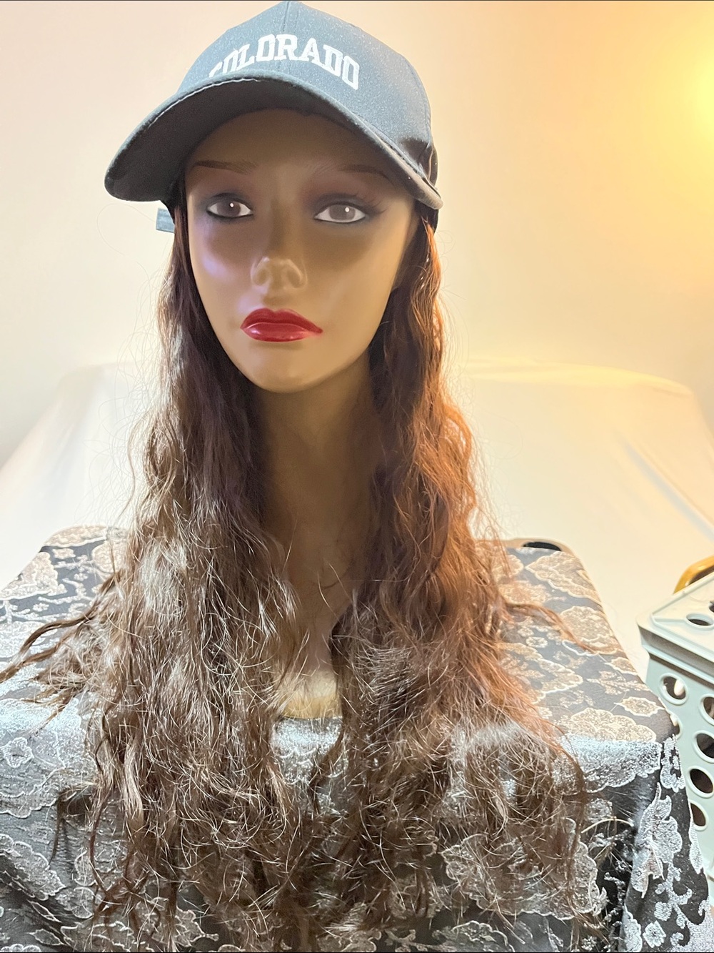 Colorado Black Baseball Cap with Long Brown Wavy Wig